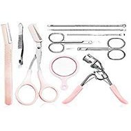 Eyebrow Tools Suit Kit for Women - Tweezers Scissors Trimmer Eyelash Curler Mirror Earpick Acne Pin Extractor Make up Cosmetic Tool(PinkPack of 10)