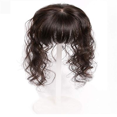 Susanki Curly Human Hair Forehead Topper with Bangs for Women, 4" x 4.7" Silk Base Top Hair Pieces for Hair Loss, 12" Natural Black