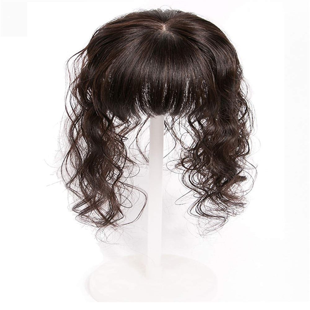 Susanki Curly Human Hair Forehead Topper with Bangs for Women, 4" x 4.7" Silk Base Top Hair Pieces for Hair Loss, 12" Natural Black