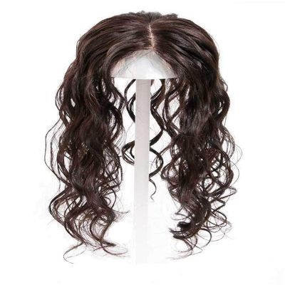 Curly Human Hair Forehead Topper for Women with Thinning Hair, Clip in 3.5" x 5.5" Silk Base Top Hairpieces Wiglets, 8" Dark Brown