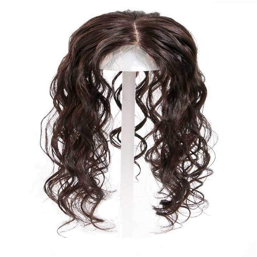 Curly Human Hair Forehead Topper for Women with Thinning Hair, Clip in 3.5" x 5.5" Silk Base Top Hairpieces Wiglets, 8" Dark Brown