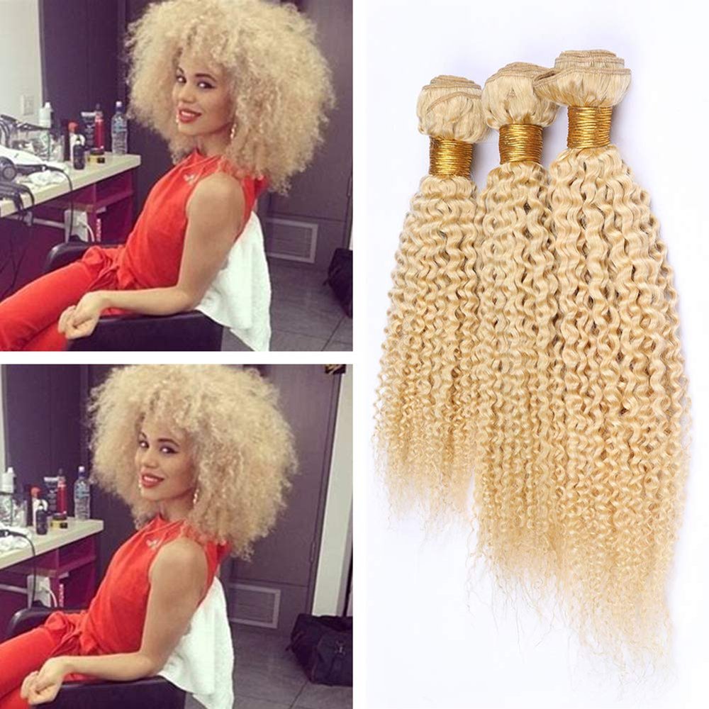 Cloud Hair Blonde #613 Color Hair Vigin Bundles Kinky Curly Hair Weft Extensions Double Wefted Afro Curly Hair Wefts 3Pcs 10-30 Inch (22 24 26 inch 3pcs)