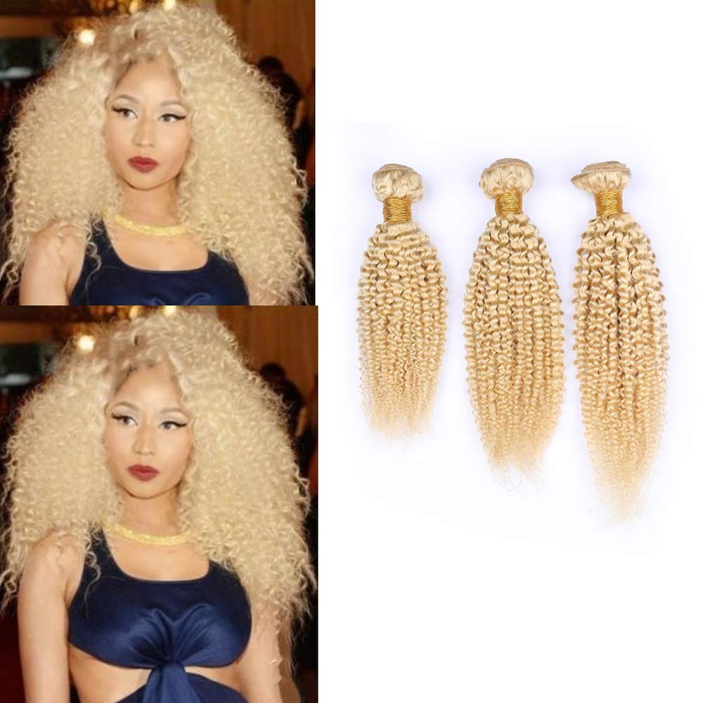 cloud hair Brazilian Blonde 613 color Virgin Human Hair Extensions Blench Blonde Curly Human Hair Weaves Pure Color #613 10-30" Afro Kinky Curly 3 Bundles Lot (10 12 14 inch 3pcs)