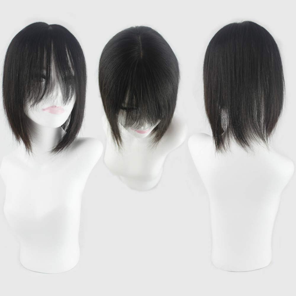 14" Human Hair Forehead Topper Hairpieces for Female Hair Loss, Clip on Top Hair Filler for Thinning and Balding Hair, with Bangs, Natural Black