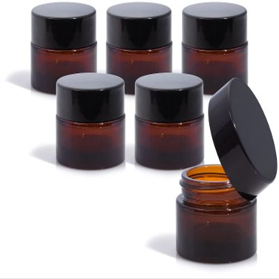 0.50 oz / 15 ml Amber Glass Heavy Base Thick Wall Professional Balm Jars with Smooth Black Lid (6 pack) + Spatulas