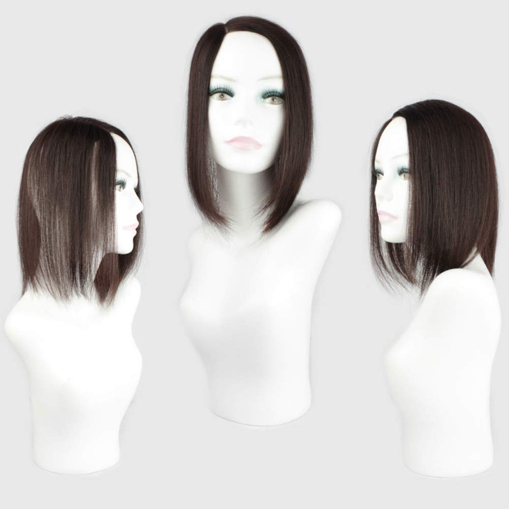 14" Human Hair Forehead Topper Hairpieces for Female Hair Loss, Clip on Top Hair Filler for Thinning and Balding Hair, Right Part, Dark Brown
