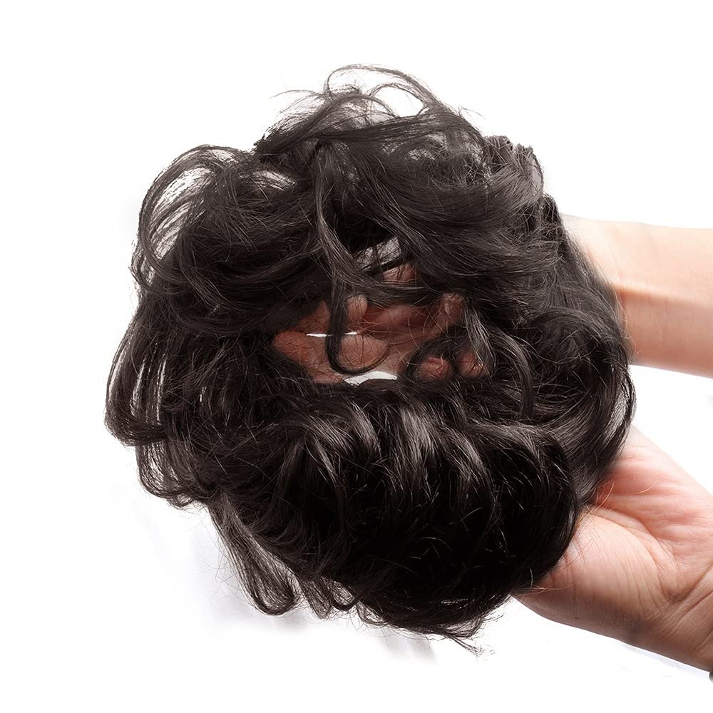 Bella Hair 100% Real Human Hair Scrunchie Messy Bun Hair Pieces for Women, Natural Looking Elastic Wavy Curly Up-Do Chignon Extensions (#1B Natural Black)