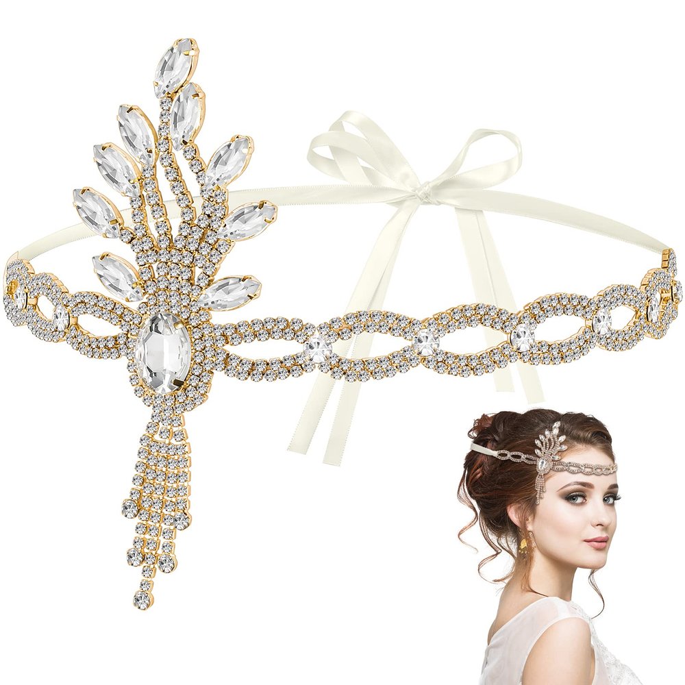 1920s Flapper Accessories Leaf Rhinestones Flapper Headpiece Great Accessories for Women Tassel Bride Wedding Head Bands Crystal Headband for Women Girls
