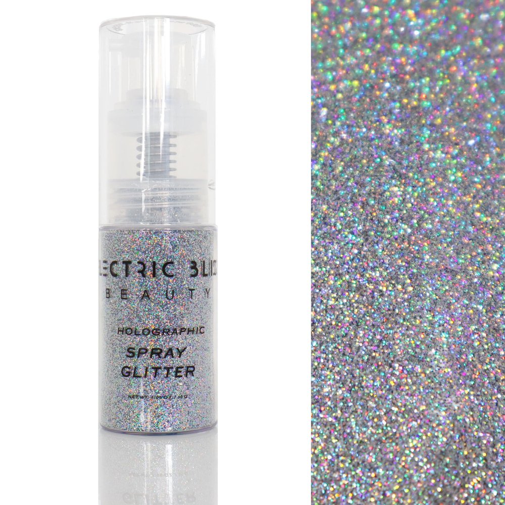 Electric Bliss Beauty Holographic Silver Glitter Spray - Shiny Body Glitter Spray, Hair Glitter Spray for Hair & Body Face Glitter, Eye Glitter, Rave Glitter Festival Accessories