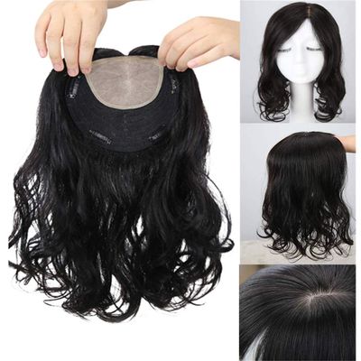 Clip in Real Human Hair Toppers Hair Pieces Natura Wavy, 6.3" x 6" Silk Base Forehead Wig Topper for Women with Thinning Hair, 12" Black, with Air Bangs
