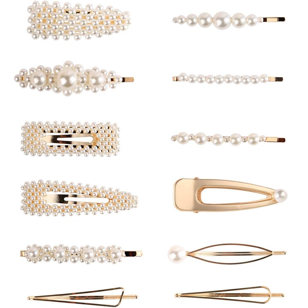 12PCS Elegant Hairpins Hair Accessory Artificial Pearl Gold Alloy Barrettes Hair Clip Bobby Pins - Women Lady Fashion Sweet Side Clip Hairpin for Wedding Bridal (B#)