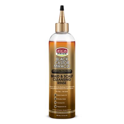 African Pride Black Castor Miracle Braid & Scalp Cleansing Rinse - Removes Hair Build Up & Soothes Scalp, No Frizz, Contains Black Castor Oil, Micellar Water, Coconut Oil, Peppermint Oil, 12 oz