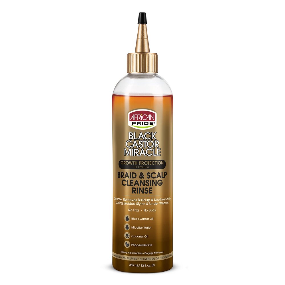 African Pride Black Castor Miracle Braid & Scalp Cleansing Rinse - Removes Hair Build Up & Soothes Scalp, No Frizz, Contains Black Castor Oil, Micellar Water, Coconut Oil, Peppermint Oil, 12 oz