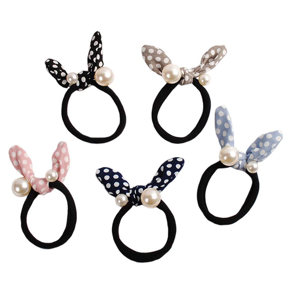 10Pcs Artificial Pearl No Damage Hair Scrunchies Hair Ropes Elastic Rubber Band with Bunny Ears Hair Bands Seamless Hair Ties Hair Accessories for Women Ponytail Holder (Random Color) (B#)