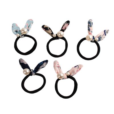 10Pcs Artificial Pearl No Damage Hair Scrunchies Hair Ropes Elastic Rubber Band with Bunny Ears Hair Bands Seamless Hair Ties Hair Accessories for Women Ponytail Holder (Random Color) (A#)