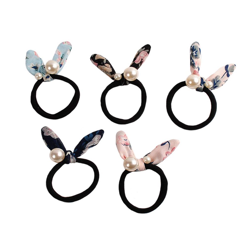 10Pcs Artificial Pearl No Damage Hair Scrunchies Hair Ropes Elastic Rubber Band with Bunny Ears Hair Bands Seamless Hair Ties Hair Accessories for Women Ponytail Holder (Random Color) (A#)