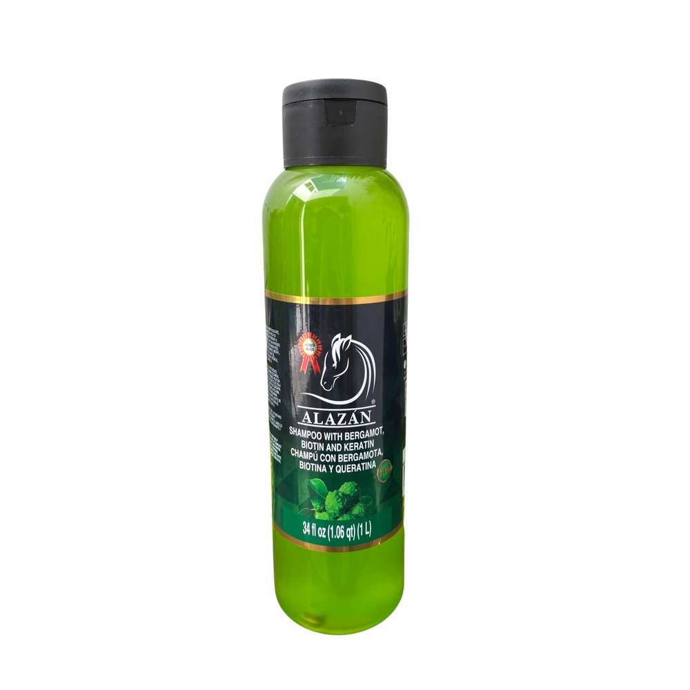 ALAZN SHAMPOO OF HORSE FOR HUMAN USE, WITH BERGAMOT, BIOTIN, AND KERATIN. SHAMPOO DE CABALLO ALAZAN CON BERGAMOTA, BIOTINA Y QUERATINA.