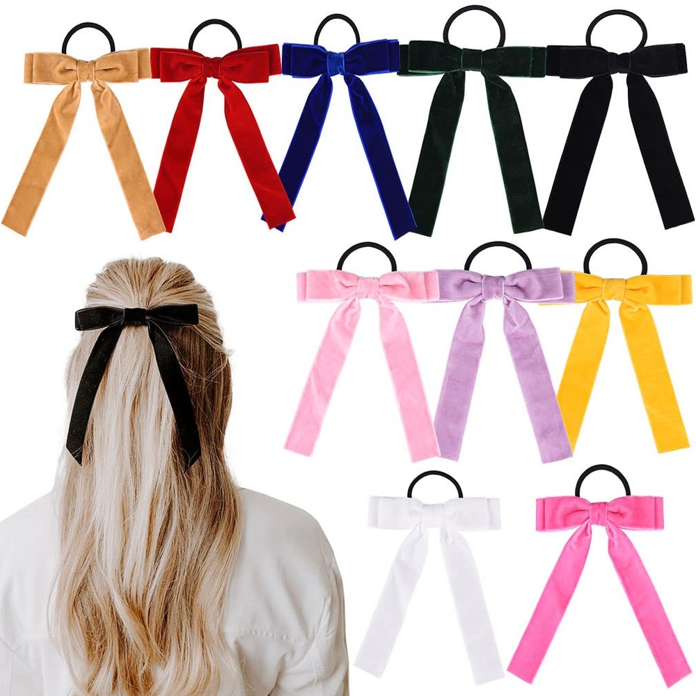 10Pcs Bow Hair Tie Velvet Elastics Hair Scrunchie Bobbles Hair Bands Scrunchy Hair Rope Long Hair Bow Ponytail Holder Accessories for Women Girls Small Ribbon
