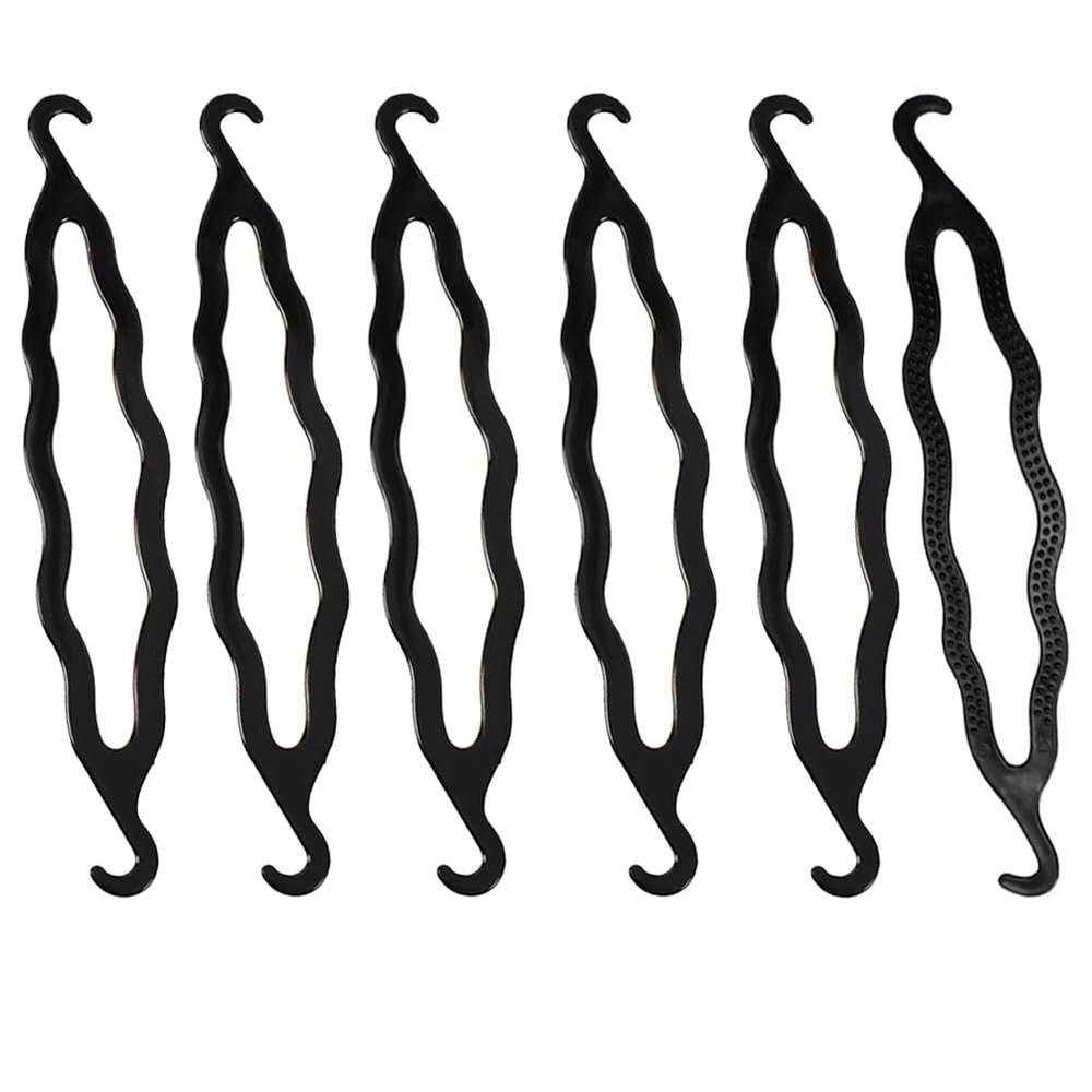 6Pcs Black Resin Double-end Hook Hair Bun Makers Foldable Anti-slip Hair Donut Shapers Hair Roll-up Updo Braiding Tools Insert Pads Holders for Women Girls Hair Styling