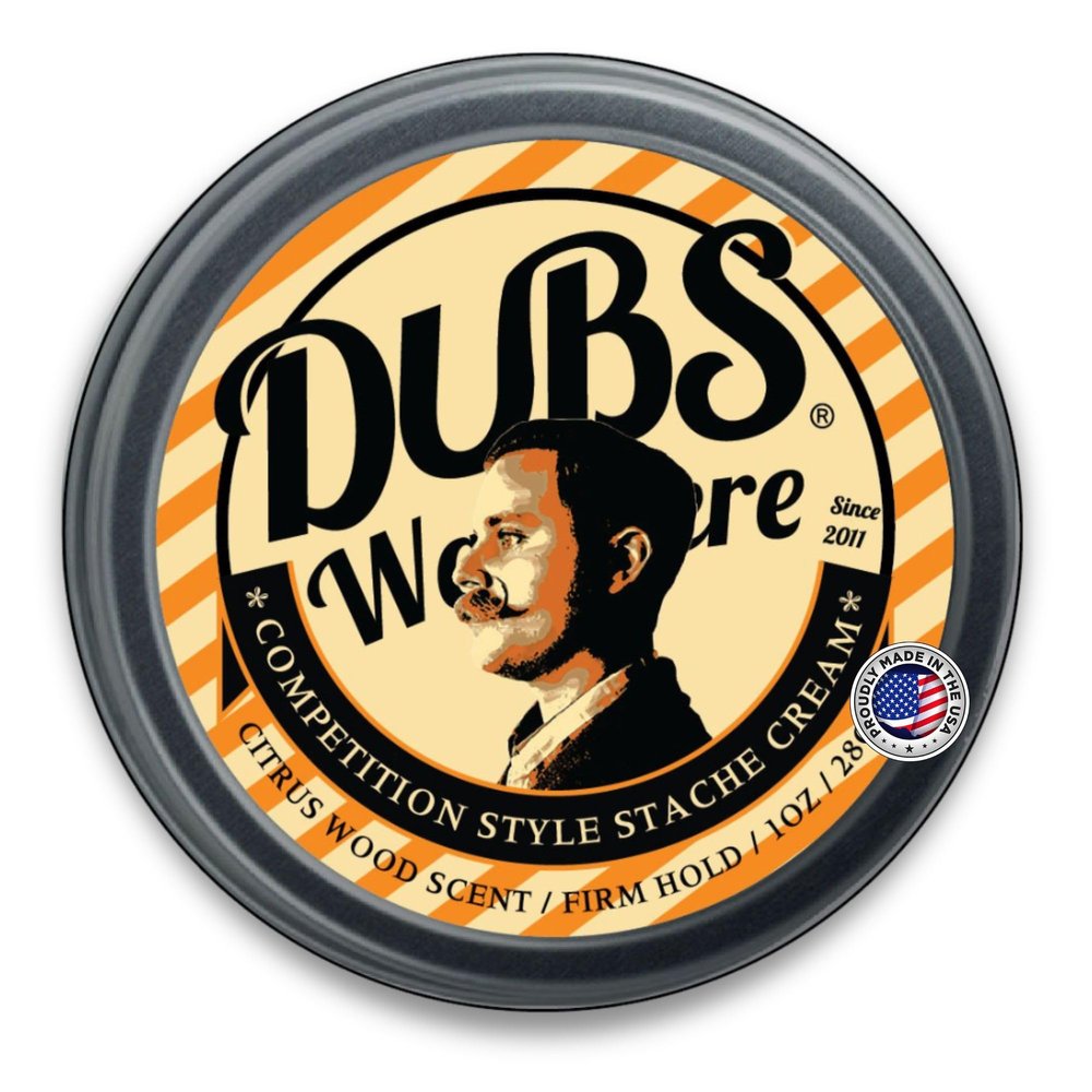 Dubs Was Here Mustache Wax Strong Hold | Competition Style Firm Stache Wax | Non-Greasy Grooming Gift for Men | Sandalwood/Bergamot Citrus Wood Scent | 1 oz Tin | Made in USA