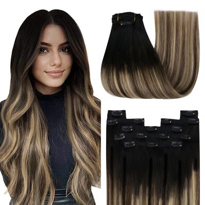 YoungSee Balayage Hair Extensions Clip ins Ombre Black to Brown with Caramel Blonde Clip in Extensions Real Human Hair Ombre Hair Clip on Hair Extensions for Women 20Inch 120G 7Pcs