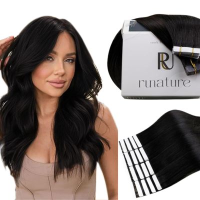 RUNATURE Tape in Hair Extensions Human Hair Natural Black 14 Inch 40g Real Human Hair Tape in Extensions Seamless Tape Ins Human Hair Straight Remy Hair Smooth Texture 20pcs #1B