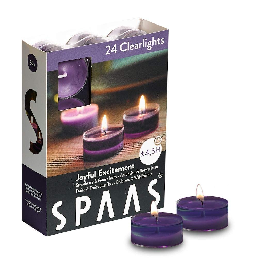 Spaas 24 Scented Clearlights, Tealights in Transparent Clear Cup,  4.5 Hours, Joyful Excitement, Aubergine