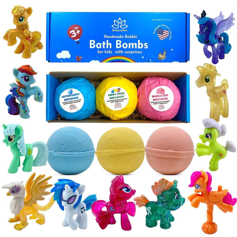 Bath Bombs for Girls Surprise - 3 Natural Handmade Bath Bombs for Kids with Pony Toys Inside - Cool Surprises for Girls, Boys, Teens - Handmade in USA