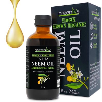 GreenIVe 100% Pure Neem Oil Glass Bottle Naturally Grown - Cold Pressed Virgin Unrefined Hexane Free Hair & Skin Massage & Carrier Oil - Nail Cuticle, Pet, Plant Care 8 fl oz GLASS Bottle