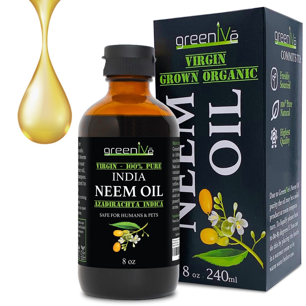 GreenIVe 100% Pure Neem Oil Glass Bottle Naturally Grown - Cold Pressed Virgin Unrefined Hexane Free Hair & Skin Massage & Carrier Oil - Nail Cuticle, Pet, Plant Care 8 fl oz GLASS Bottle