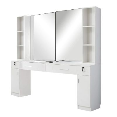 BarberPub Wall Mount Barber Station with 6 Hair Dryer Holders Salon Hair Styling with Mirror Dressing Table Beauty Salon Spa Equipment Set 3026+3036 (White)