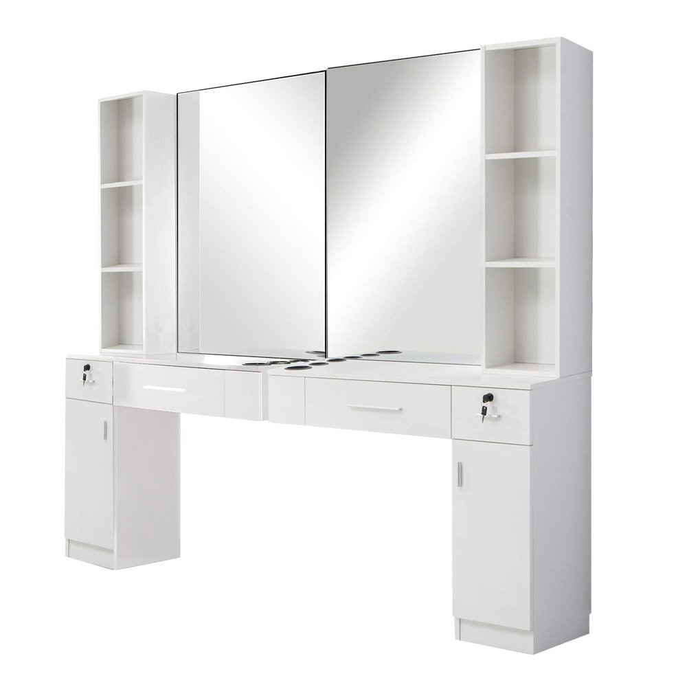 BarberPub Wall Mount Barber Station with 6 Hair Dryer Holders Salon Hair Styling with Mirror Dressing Table Beauty Salon Spa Equipment Set 3026+3036 (White)