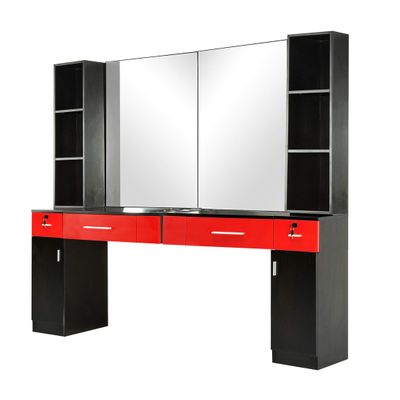 BarberPub Wall Mount Barber Station with 6 Hair Dryer Holders Salon Hair Styling with Mirror Dressing Table Beauty Salon Spa Equipment Set 3026+3036 (Black&Red)