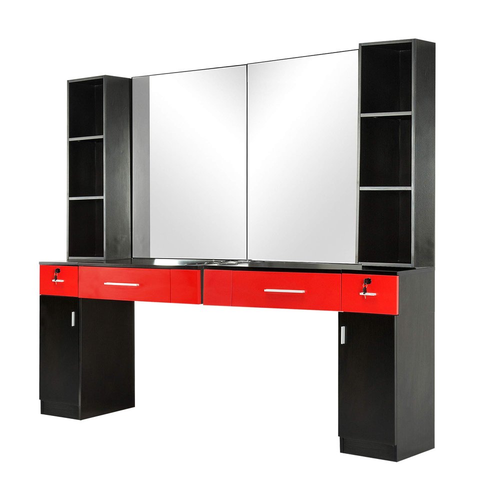 BarberPub Wall Mount Barber Station with 6 Hair Dryer Holders Salon Hair Styling with Mirror Dressing Table Beauty Salon Spa Equipment Set 3026+3036 (Black&Red)