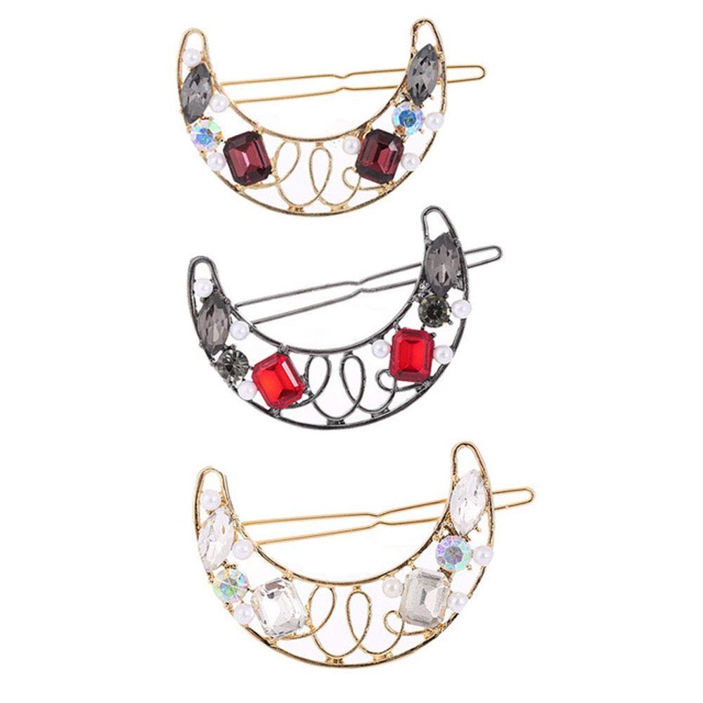 3 Pcs Women Lady Imitation Pearl Rhinestone Alloy Barrettes Moon Hair Clips Bobby Pins Shaped Side Clamp Clip Hair Accessories