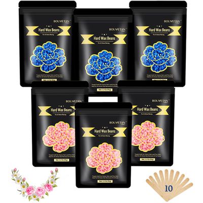 Bouvetan 1.3Lb/21oz Wax Beads for Brazilian, Eyebrow, Face, Bikini, Legs, Arms Waxing - 6 Packs with 10 Wax Spatulas for Women and Men