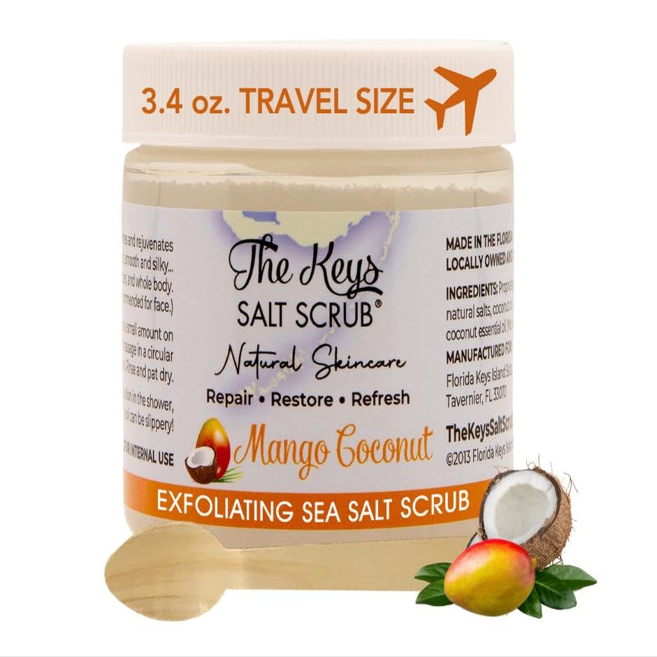 The Keys Salt Scrub -Sea Salt Scrub - Exfoliating Body Scrub with Wooden Spoon - Moisturizing Exfoliator for Hands, Foot, Bath, (3.4 Ounce (Pack of 1), Mango Coconut)