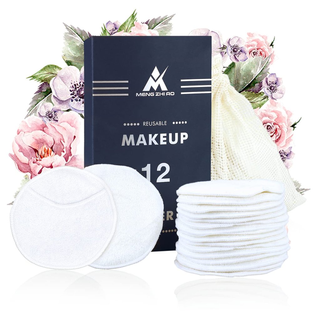 12 PCS Reusable Makeup Remover Pads with Cotton Storage Bag 4 Layers 100% Organic Bamboo Makeup Remover Pad for Face, Eyes, Lips, and Neck Eco-Friendly Waste Free