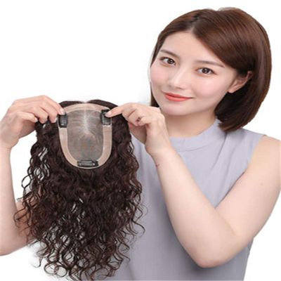 100% Real Human Hair Hand Tied Forehead Toppers for Women with Hair Loss, 9cm x 14cm Mono Curly Wiglet Hairpieces, 12" Dark Brown