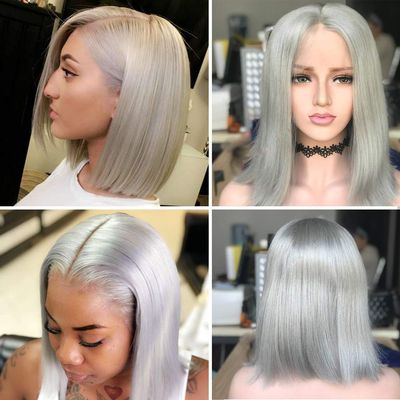 13x4 Grey HD Lace Front Wig Human Hair 16 Inch silky Straight Grey Bob Wigh Human Hair Transparent Lace Frontal Wigs for Women Pre Plucked with Baby Hair