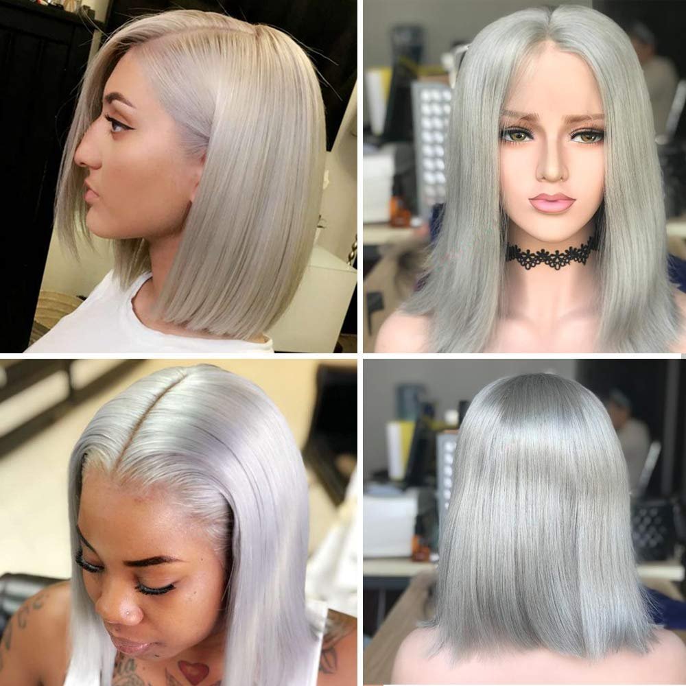 13x4 Grey HD Lace Front Wig Human Hair 16 Inch silky Straight Grey Bob Wigh Human Hair Transparent Lace Frontal Wigs for Women Pre Plucked with Baby Hair