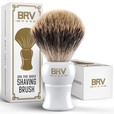 BRV MEN Pure Badger Shaving Brush LARGE (24mm knots) - Heavy Resin Handle - Use with Double-Edge Safety Razor, Straight Razor and Shaving Bowl - White
