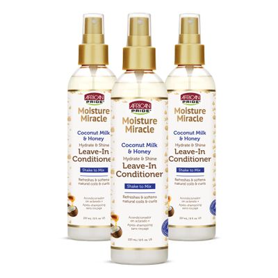 African Pride Moisture Miracle Leave-In Conditioner Spray with Coconut Milk & Honey, Hydrates & Shines Coils & Curls, 8 Oz, Pack of 3