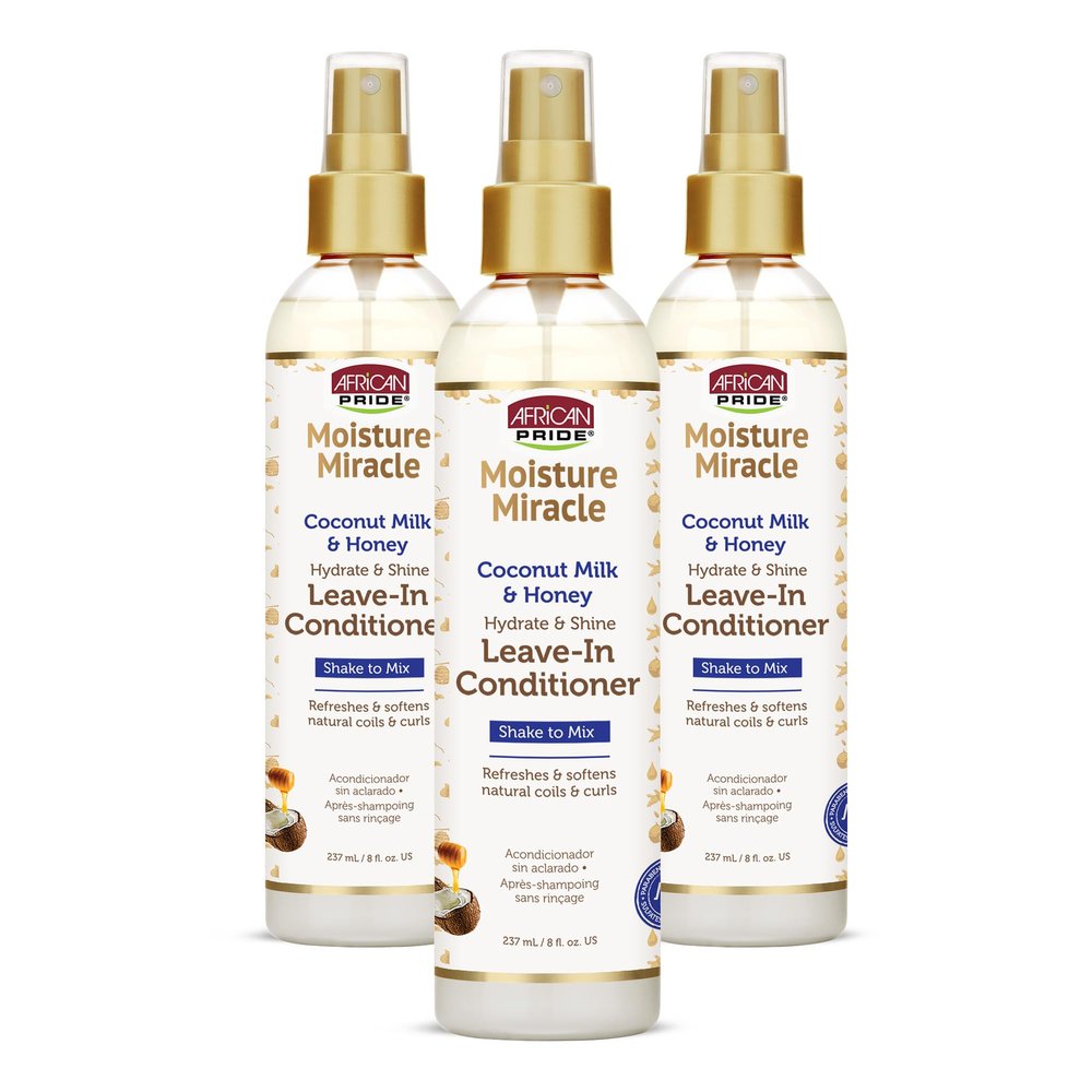 African Pride Moisture Miracle Leave-In Conditioner Spray with Coconut Milk & Honey, Hydrates & Shines Coils & Curls, 8 Oz, Pack of 3