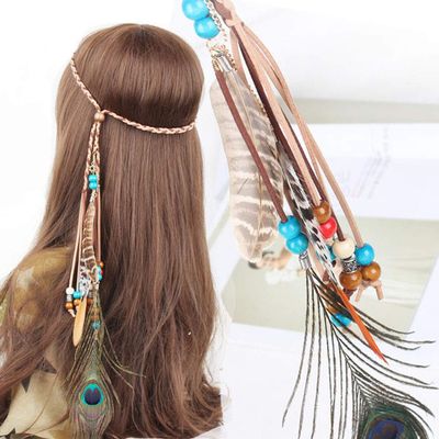 Lady Indiana Princess Peacock Feather Head Chain Fashion Headband and Headpiece Bohemian Tassels Hair Band Headwear For Women (A#)