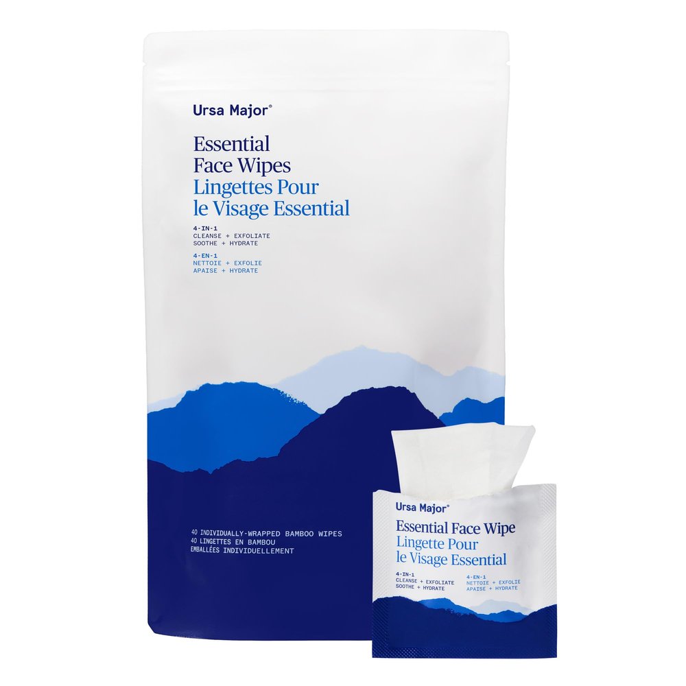 Ursa Major Essential Face Wipes | Natural, Biodegradable, Cruelty-Free | Cleanse, Exfoliate, Soothe and Hydrate | Individually Wrapped | 40 count