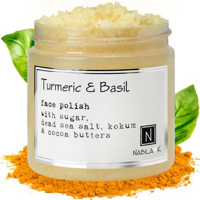 Nabila K - Turmeric & Basil Face Polish - Exfoliating Face Wash & Cleanser - For Acne & Dry Skin - Reduce Redness - Moisturizing & Nourishing Skin Care - Gentle for All Skin Types - Vegan - 5 oz