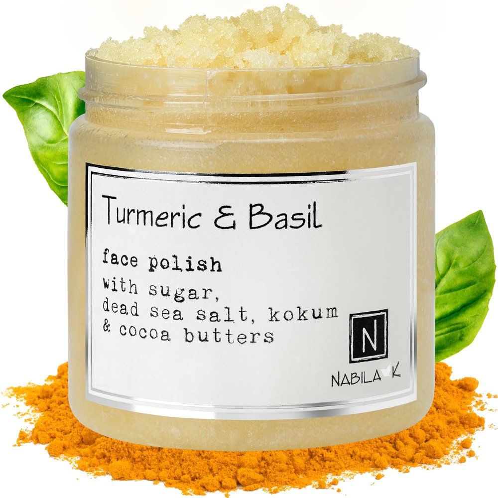 Nabila K - Turmeric & Basil Face Polish - Exfoliating Face Wash & Cleanser - For Acne & Dry Skin - Reduce Redness - Moisturizing & Nourishing Skin Care - Gentle for All Skin Types - Vegan - 5 oz
