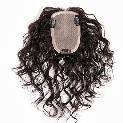 9 x 14cm Silk Base Human Hair Crown Topper Hairpiece Realistic Curly Hair Toppers for Women with Hair Loss (30cm Natural Black)