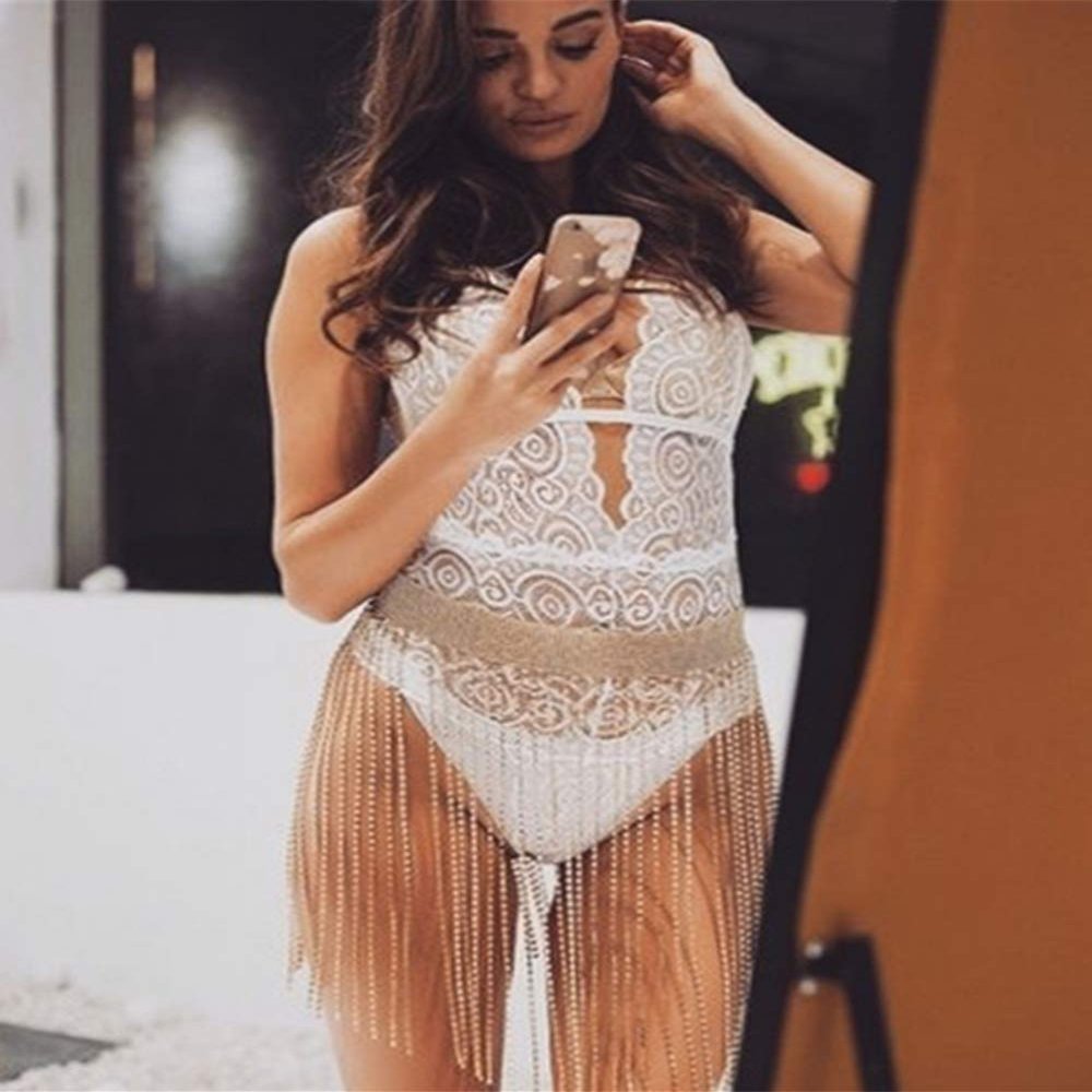 Denifery Sexy Women Skirt Body Chain Tassel Rhinestone Bikini Sparkly Club Half Skirt